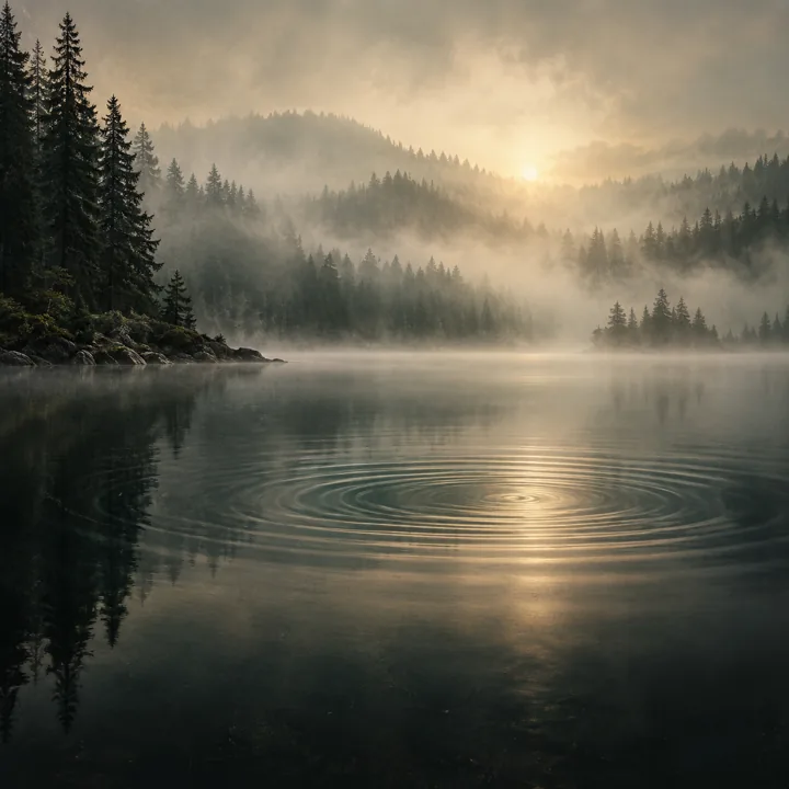 Sound ripples across a misty forest lake