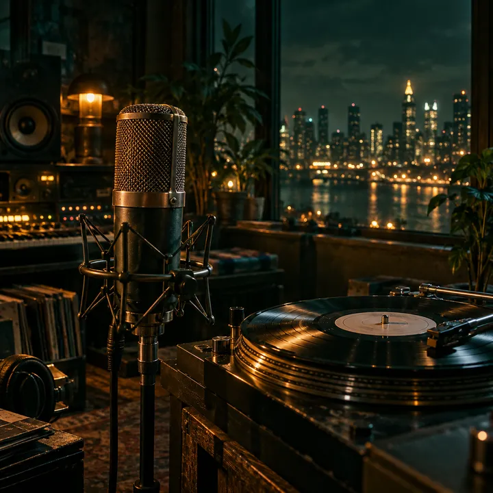 A vintage microphone and vinyl turntable sit before a nighttime city window