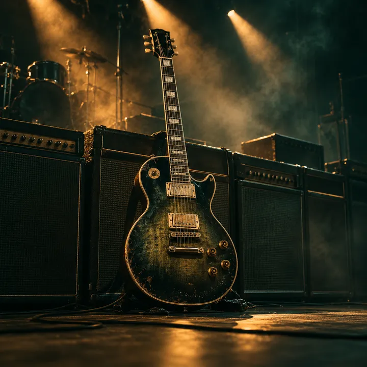 An electric guitar leans against amplifiers under amber stage lights and smoke